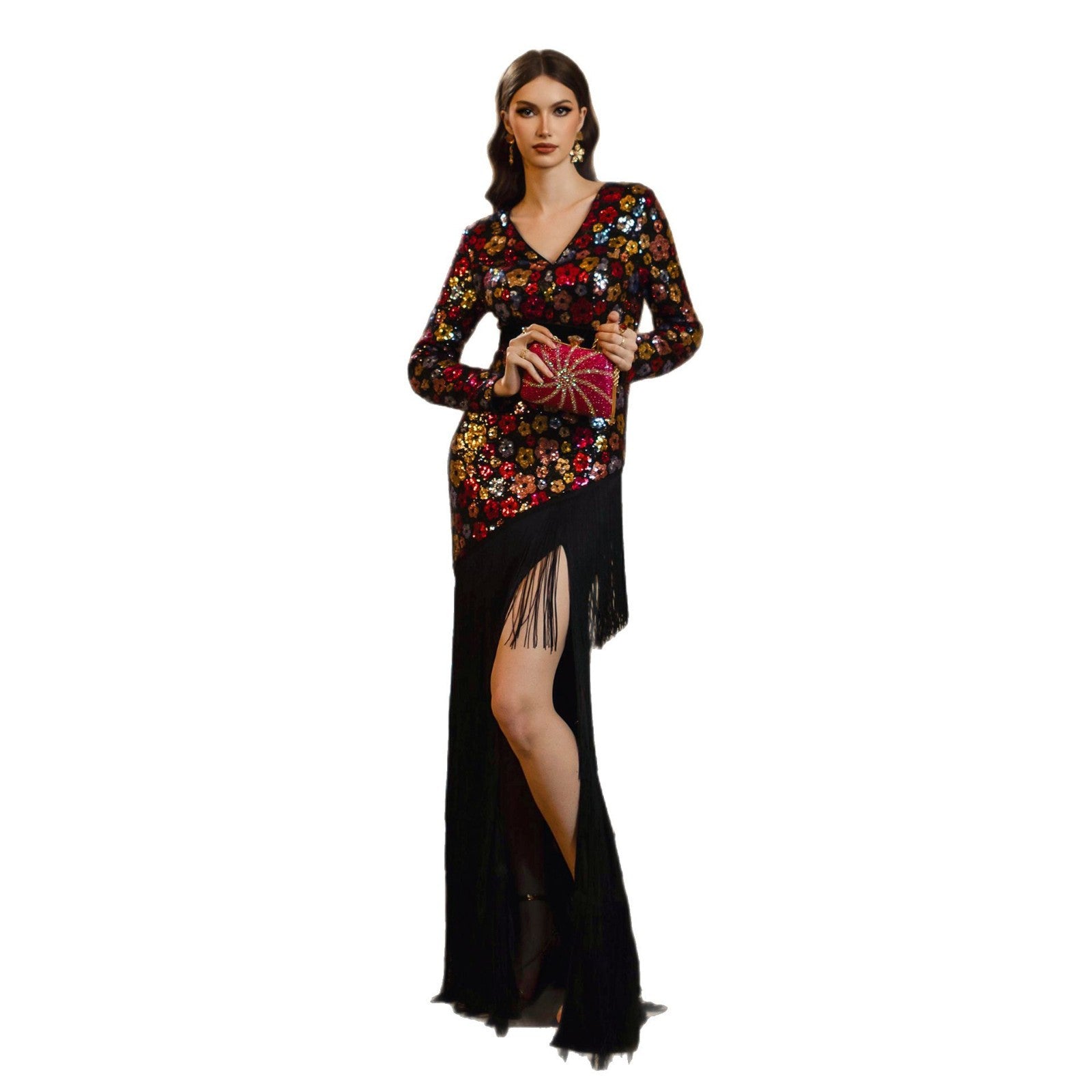 Women long-sleeved v-neck tassel sequins Formal Party fishtail evening dress 6