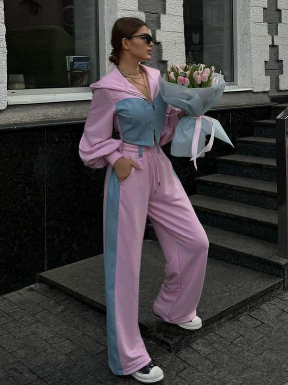 Women's Fashion Casual Hoodies Set Denim Patchwork Hooded Top and Pants Two-Piece Set 8