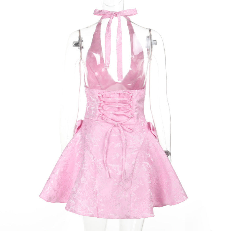 Women's Sexy Sleeveless Halter Neck Jacquard V-Neck Bow Dress 8