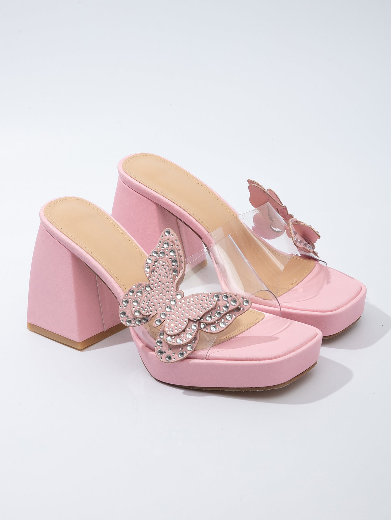 Women's Transparent High-Heeled Sandals Butterfly Rhinestone Thick Soles 9