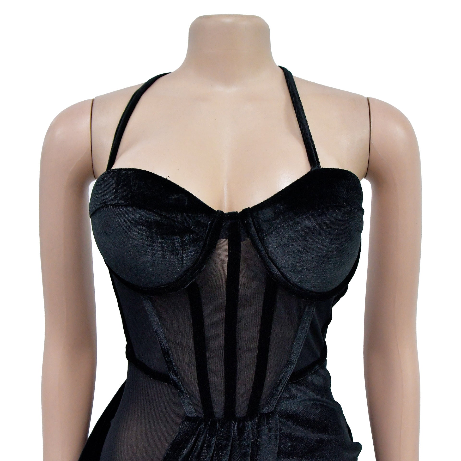 Fashion Women's Solid Color Mesh Straps Slit Long Dress 20