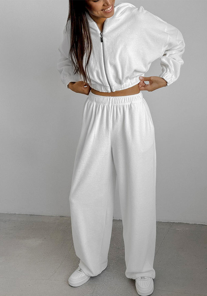 Women Autumn and Winter White Casual knitting velvet Hooded Long Sleeve Top and Pants Two Piece Set