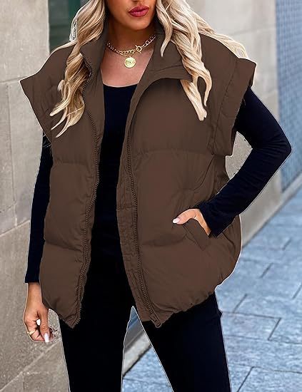 Women Solid Zipper Pocket Stand Collar Padding Vest 19