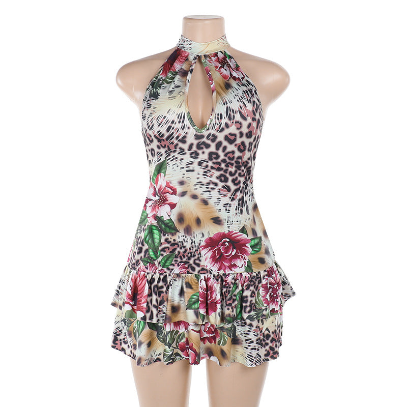 Summer Low Back Halter Neck Printed Hollow Short Dress 6