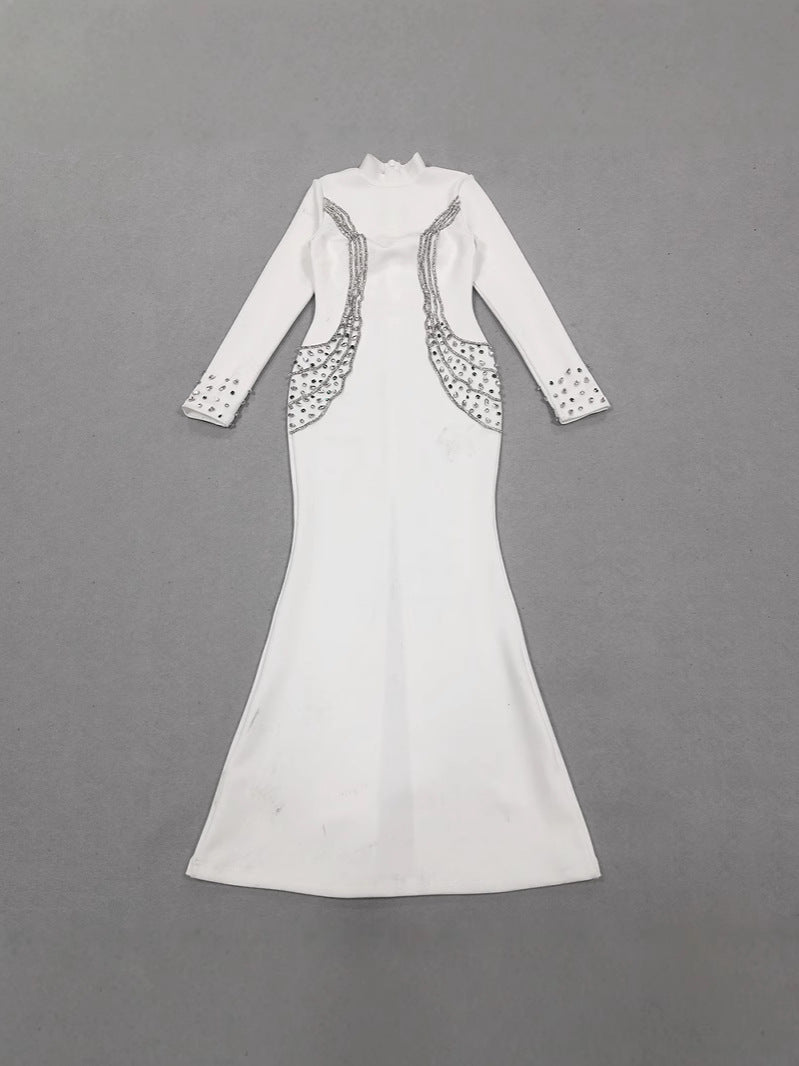Fall/Winter Long-Sleeve Bandage Dress Rhinestone High Neck Party Gown 6