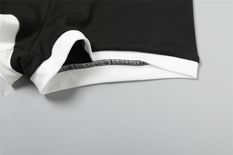 Summer Women's Short-Sleeve Turndown Collar Top with Bodycon Shorts Set 26