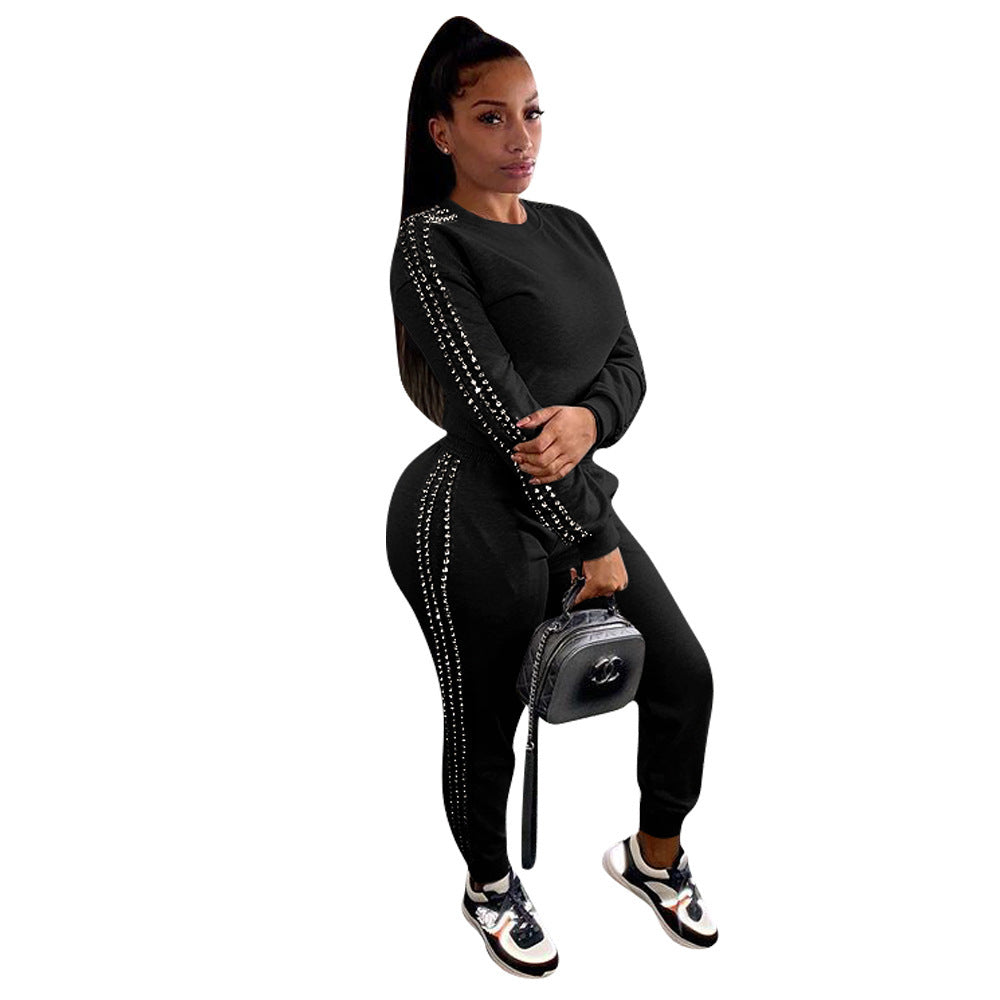 Women Casual Beading Round Neck Long Sleeve Top and Pant Two-piece Set 4