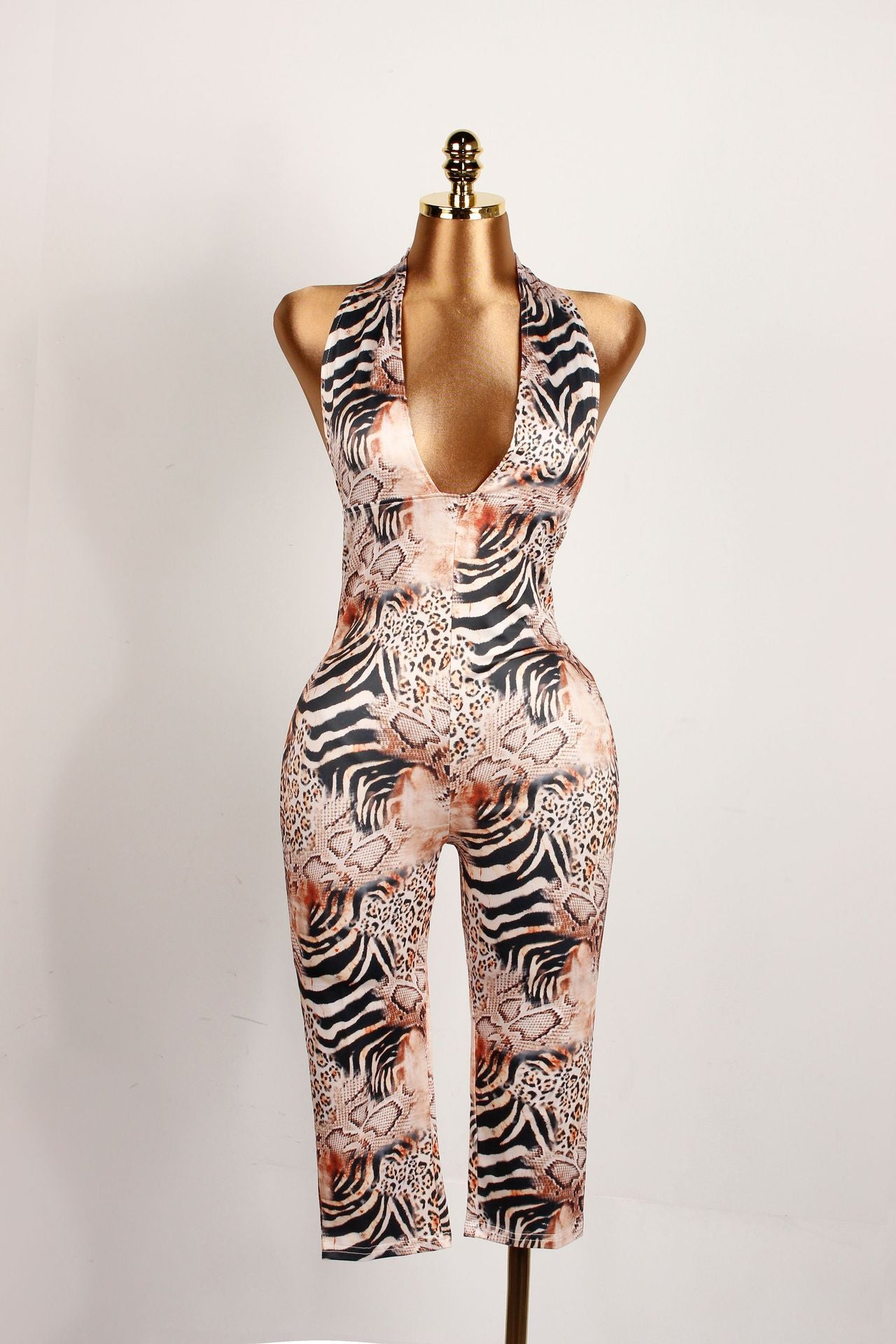 Women Summer V Neck Contrast Halter Neck Lace-Up Backless Leopard Print Jumpsuit 6