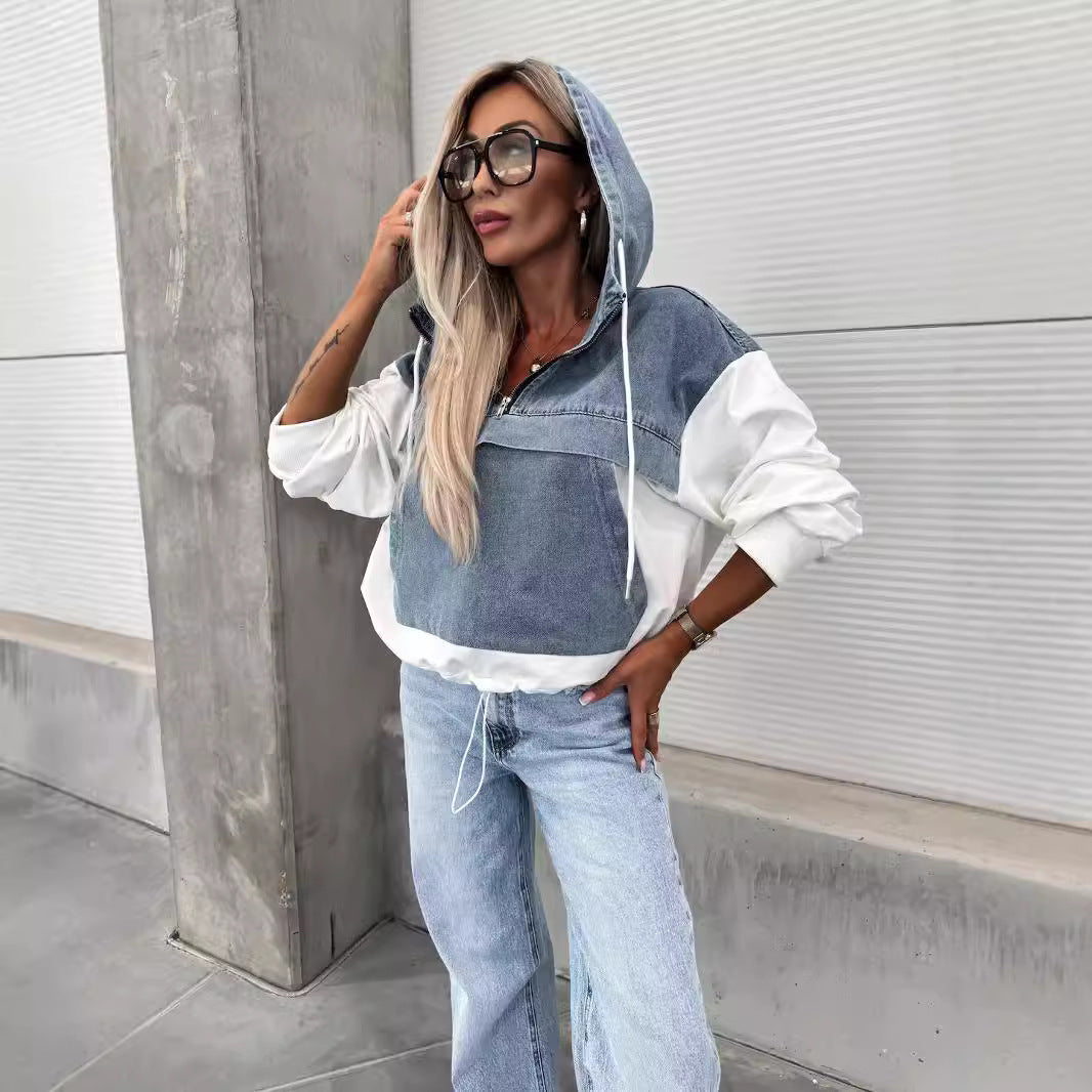 Autumn Fashion Loose Casual Denim Patchwork Hooded Women Hoodies 7