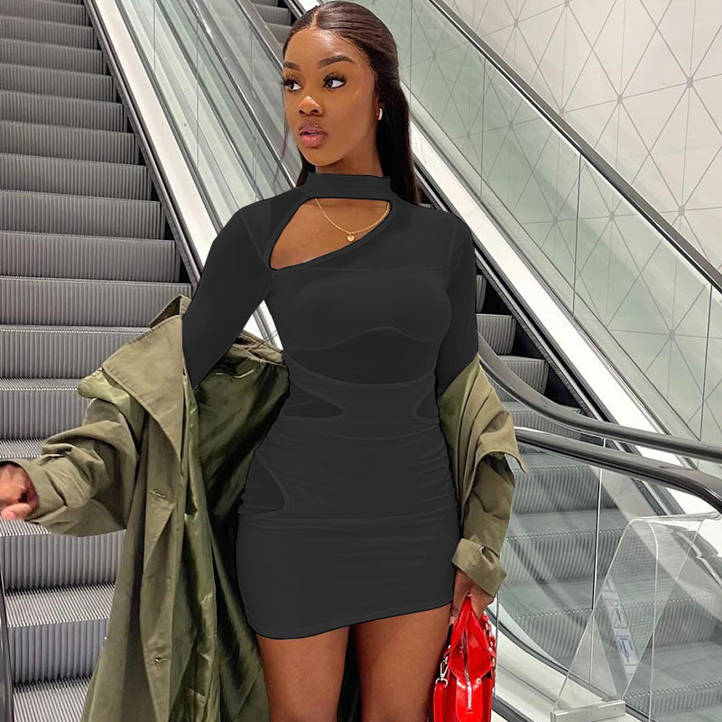 Women Solid Sexy Hollow Mesh Patchwork Bodycon Dress 6