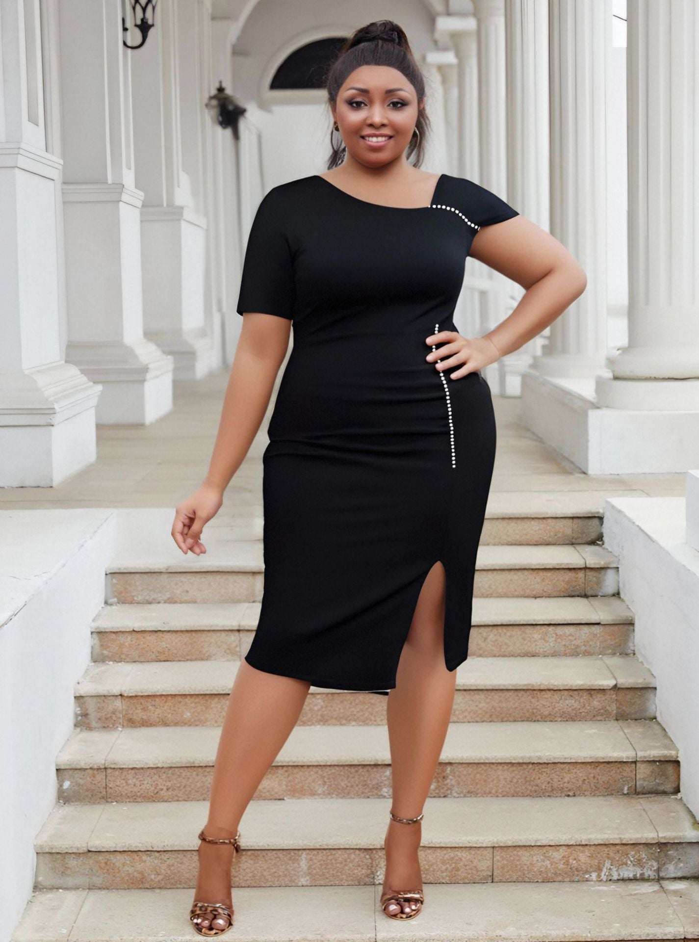 Plus Size Women Bodycon Beaded Bodycon Dress 7