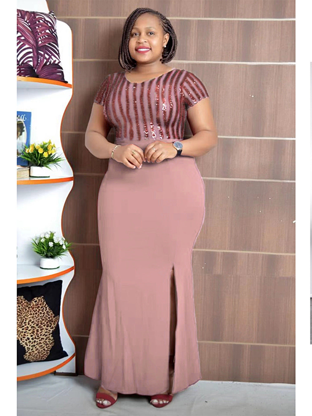 Plus Size African Dress Party Round Neck Solid Dress 5