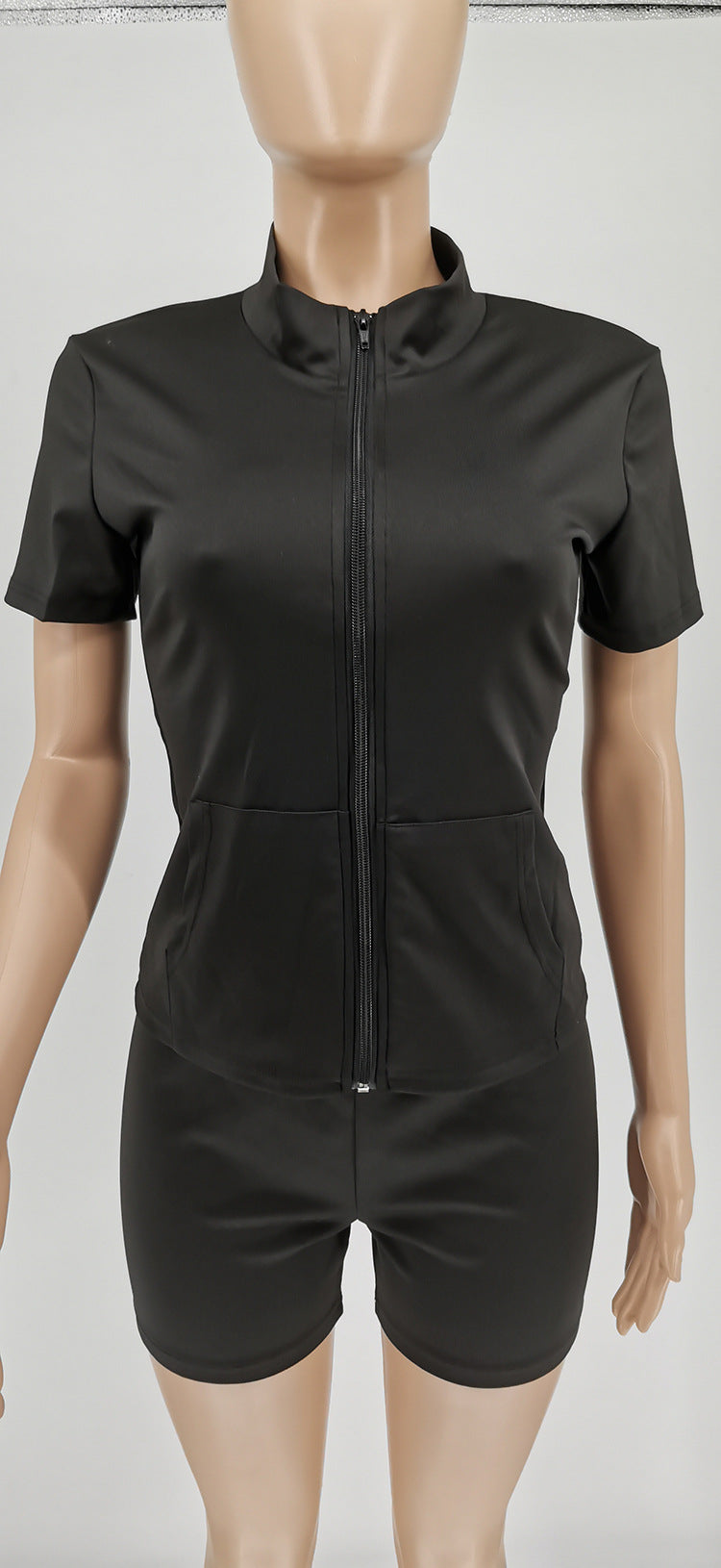 Women Summer Casual Solid Zipper Top and Shorts Two-Piece Set 19