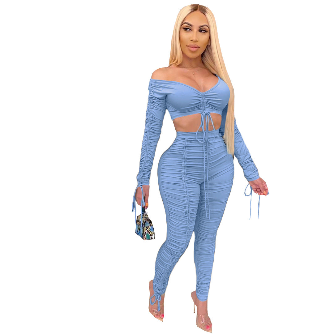 Sexy Women's Fashion Ruched Off Shoulder Solid Sexy Casual Two Piece Pants Set 6
