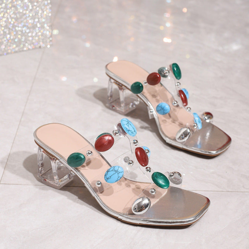 Women transparent crystal heel outdoor sandals 5
