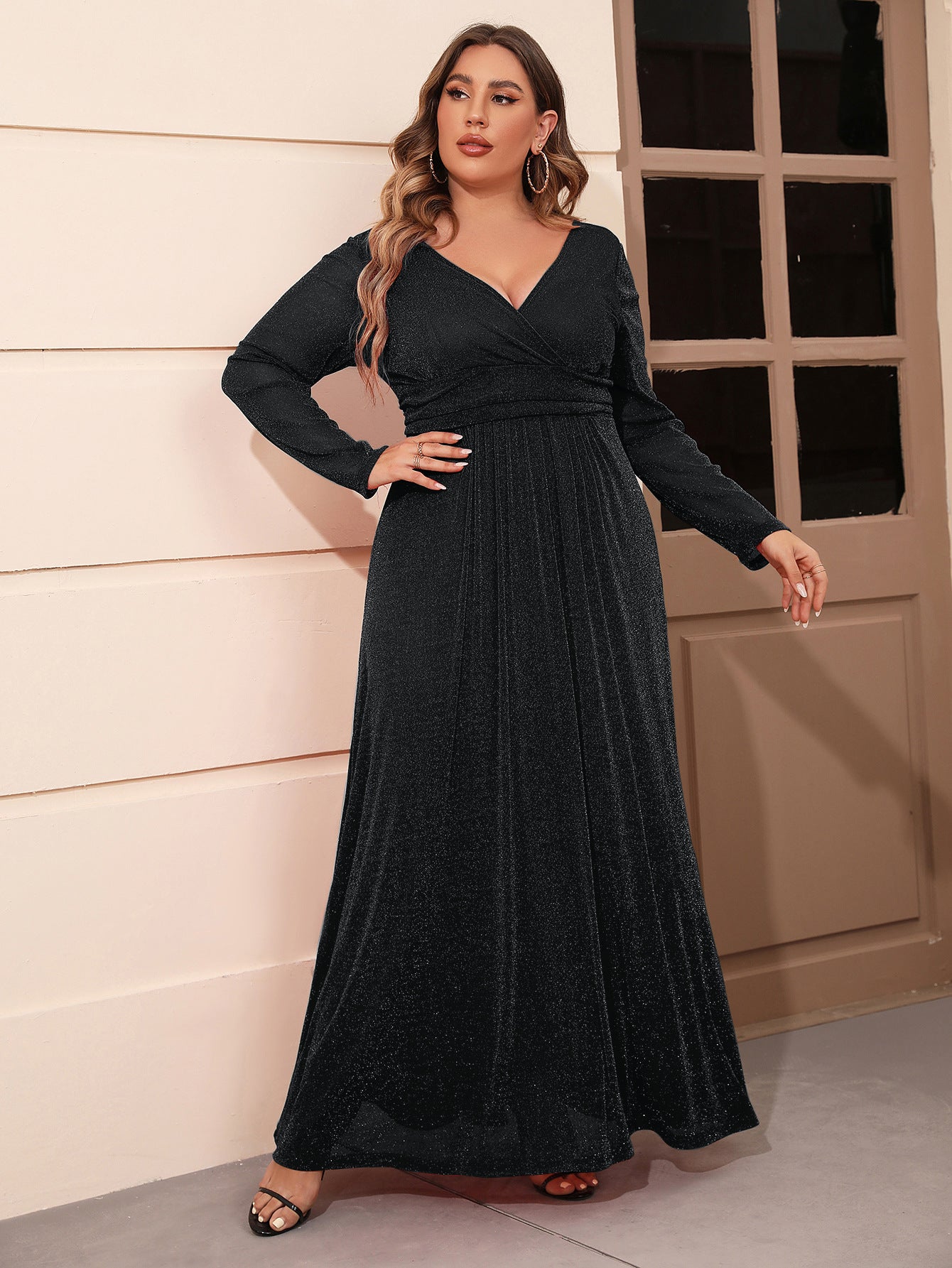 Plus Size Women Autumn V-neck Long Sleeve Mesh Dress 3