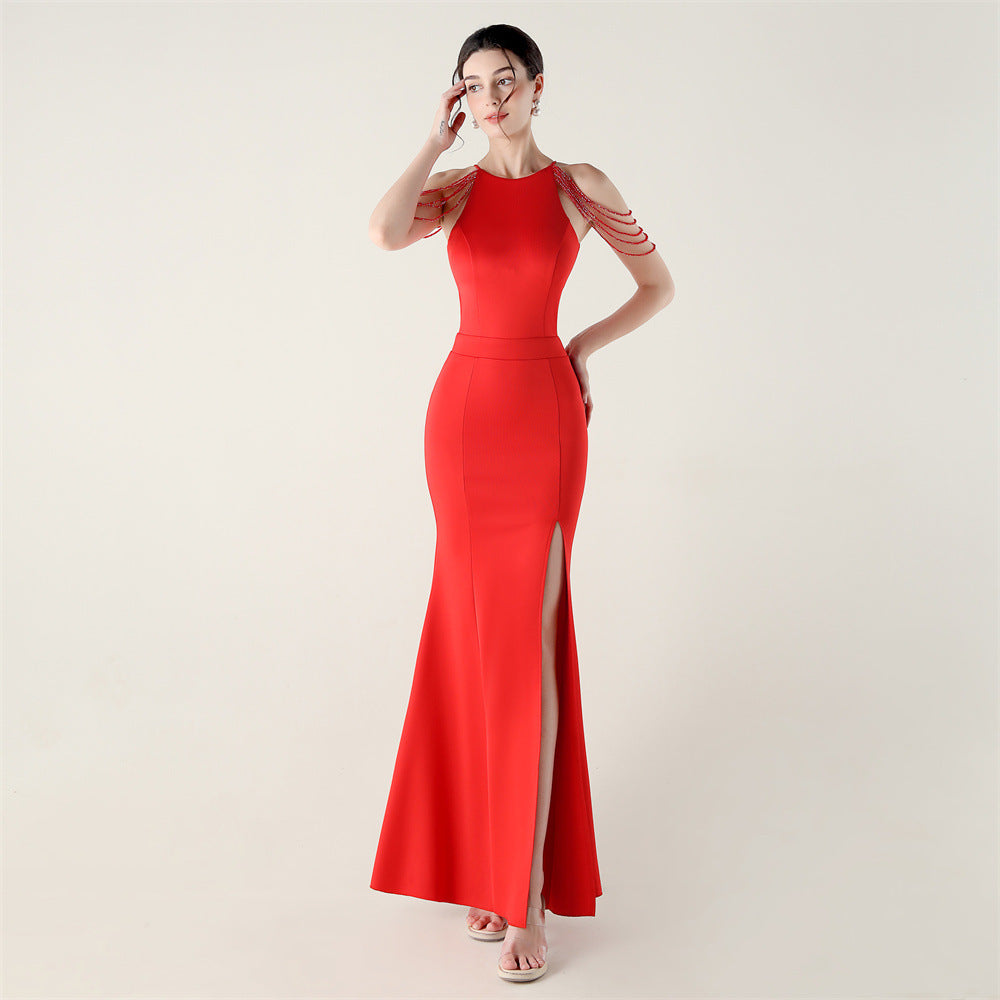 Women beaded off-shoulder one-shoulder slit evening dress 9