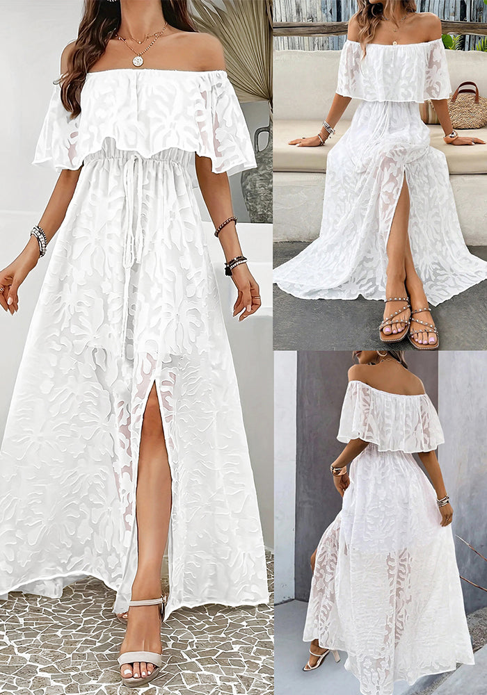 Elegant & Fashionable Off-Shoulder Jacquard Slit Maxi Dress