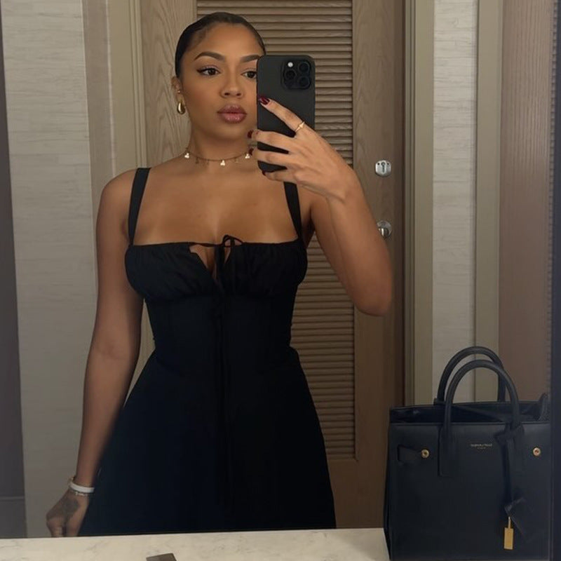 Mid-Length Solid Color Lace-Up Strap  Women's Asual Dress 4