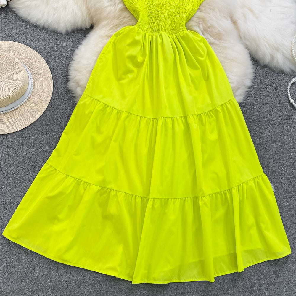 Retro Chic Sleeveless Slash Shoulder Slim Waist Slim Fit Beach Holidays A-Line Long Dress 73