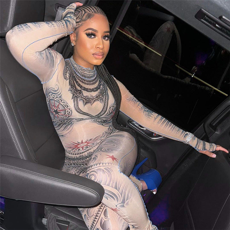 Women mesh printed high-waisted Bell Bottom jumpsuit