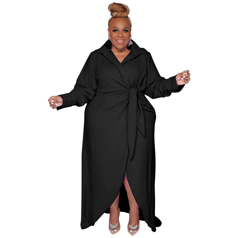Women's Plus Size Long Sleeve Turndown Collar Slit Sexy Dress For Women 8