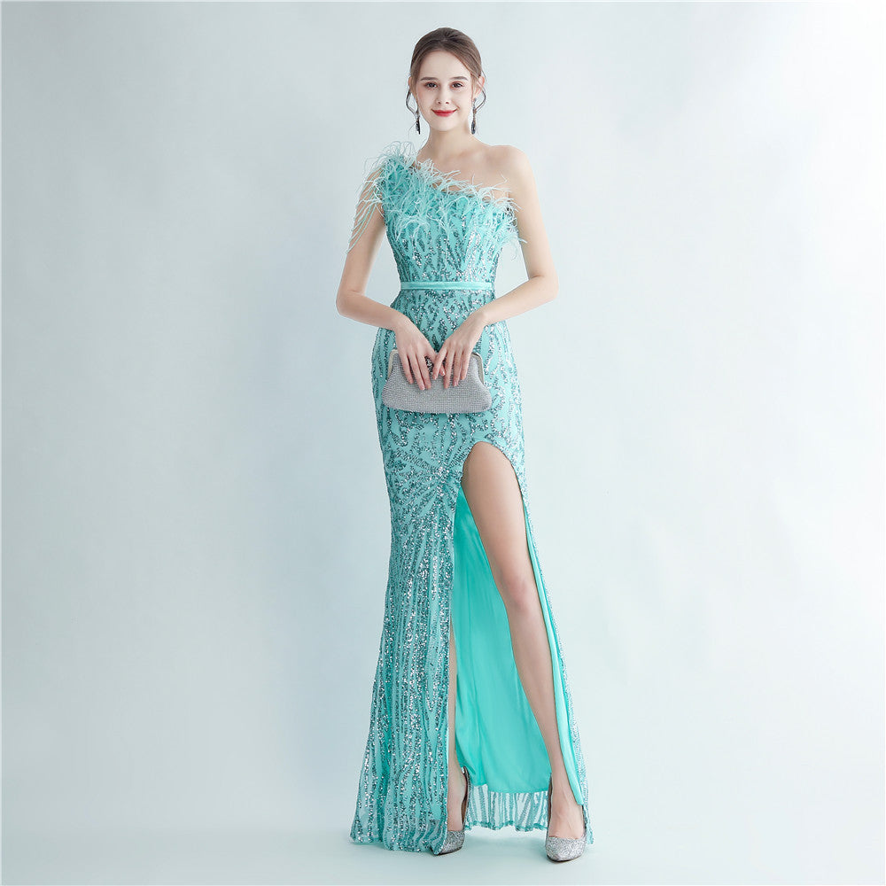Women Ostrich Beaded Feather Slash Shoulder Side Slit Evening Dress 15