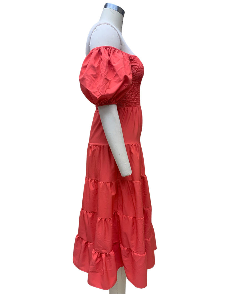 Summer Women's Fashion Loose Off Shoulder Puff Sleeve A-Line Midi Dress 20