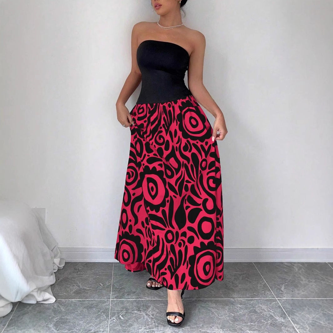 Women Patchwork Geometric Print Backless Strapless Dress 7