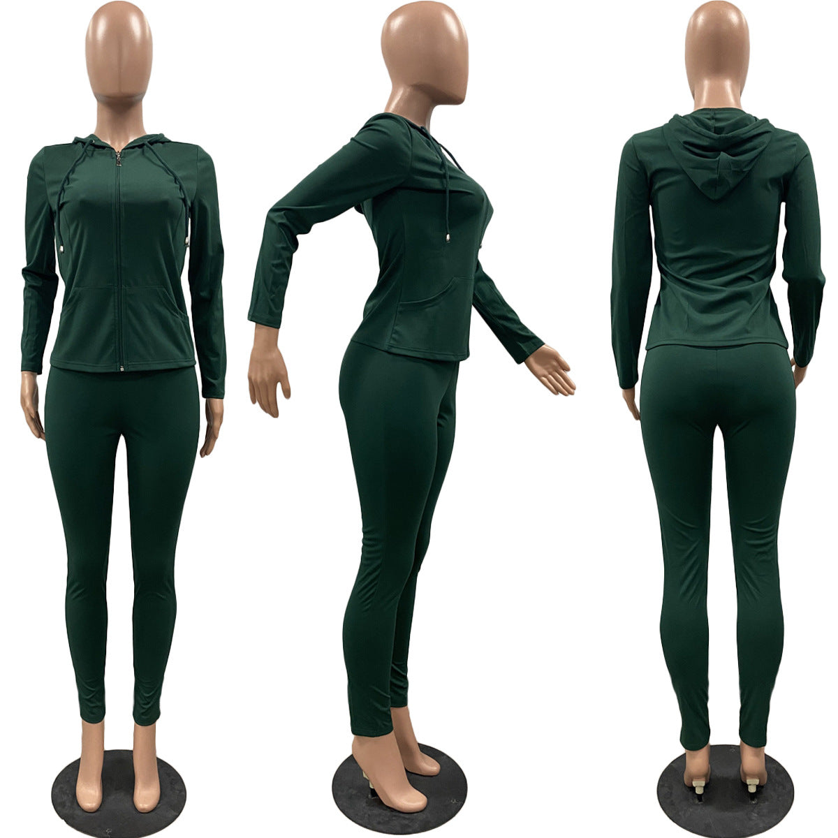 Women Summer Sports Hooded Full Sleeves Solid Pockets Regular Two Piece Pants Set 62