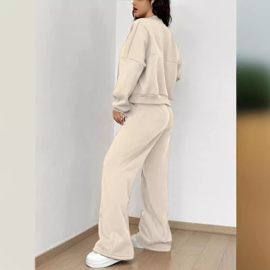 Spring autumn two-piece trendy solid color zipper long sleeve loose top elastic sweatpants two-piece set 7