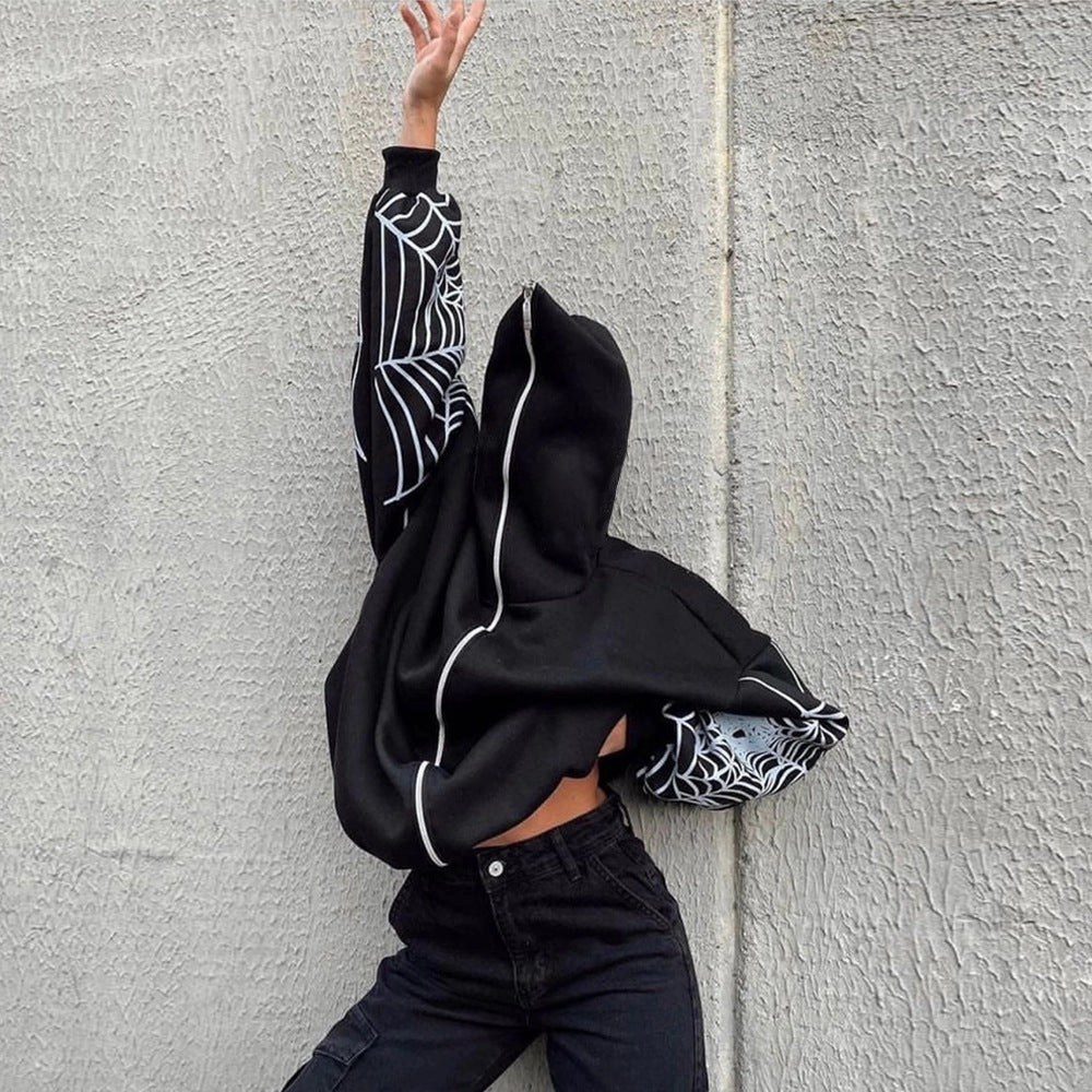 Autumn And Winter Spider Web Print Street Trendy Zipper Hooded Coat Casual Hoodies 6
