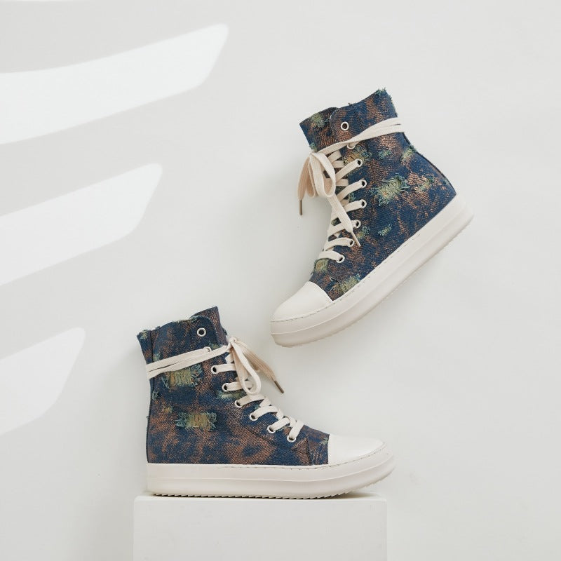 Platform Canvas Shoes Women's Washed Couple High-Top Shoes Ripped Denim Style Trendy Shoes For Men 4