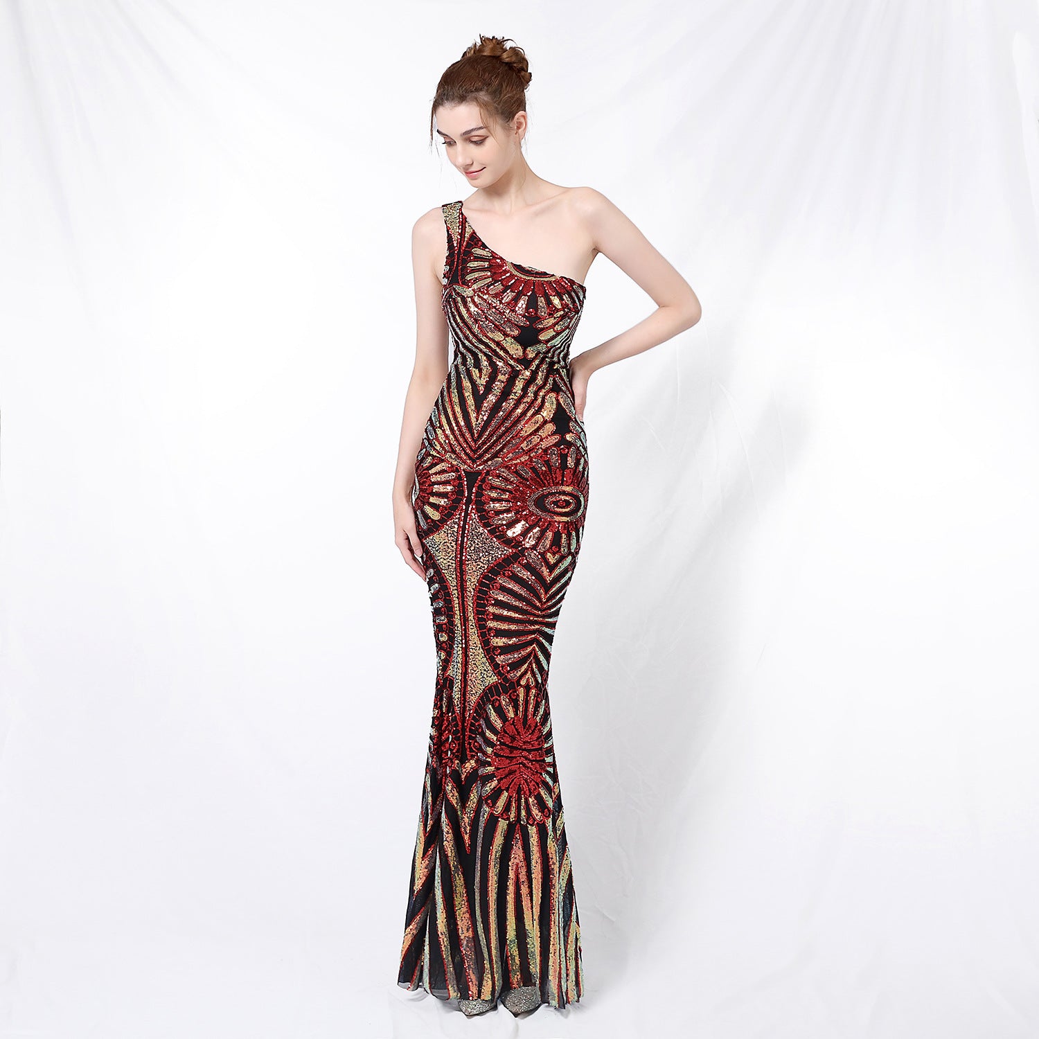 One-Shoulder Sequined Mermaid Gown Formal Party Evening Dress 7