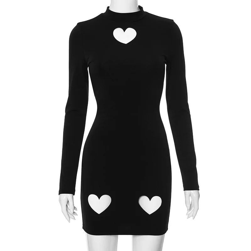 Women's Spring Fashion Sexy Heart Print Hollow Long Sleeve Dress 9