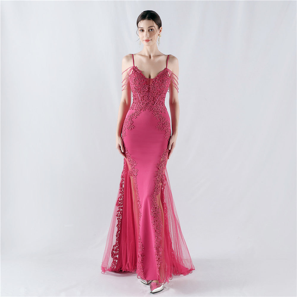 Sexy Strap Rhinestone Chain Fishbone Lace Evening Dress 18
