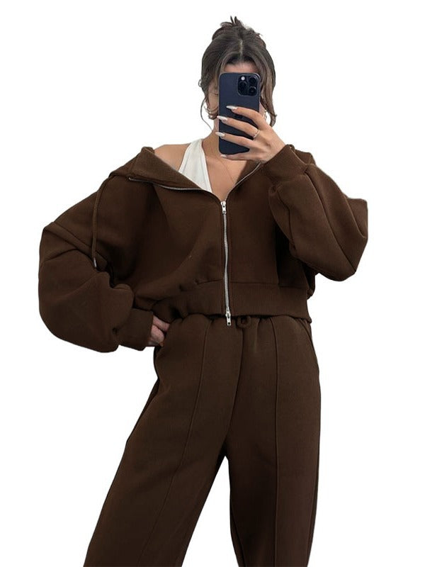 Women Autumn and Winter Solid Hoodies and Casual Hoodies Two-piece Set 9