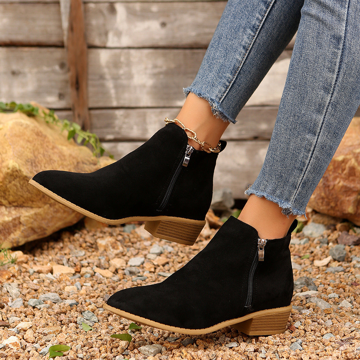 Women's Winter Plus Size Suede Pointed Side Zip Mid Heel Chelsea Boots 4