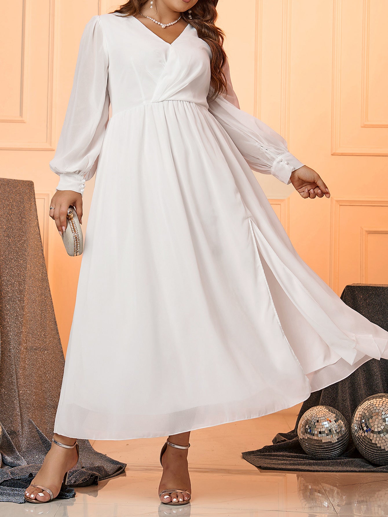 Spring Summer Women's V-Neck Long-Sleeved Chiffon Back Tie Plus Size Dress 6
