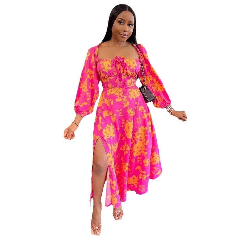 Women spring square neck tie slit long sleeve dress 6