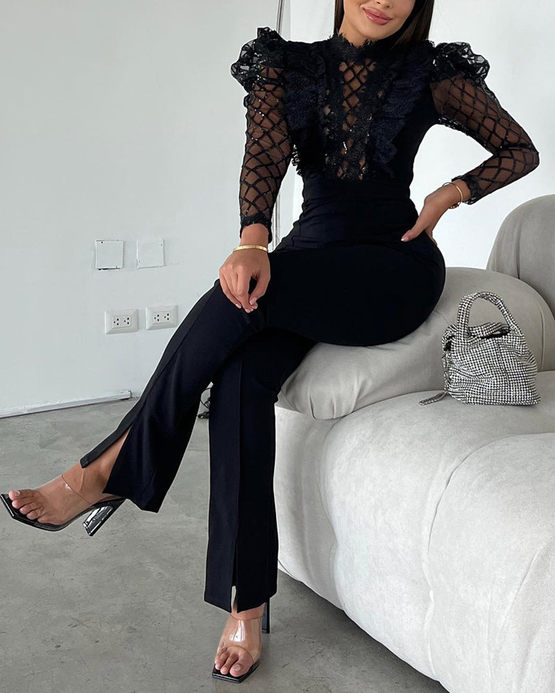 Women black sequin lace long sleeve slit jumpsuit 4