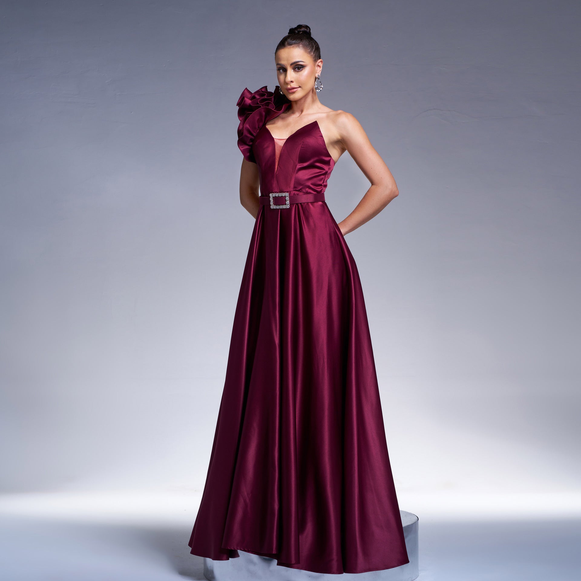 Chic One Shoulder Slash Shoulder Formal Party Slim Waist Evening Dress Women Bridesmaid Gown 5