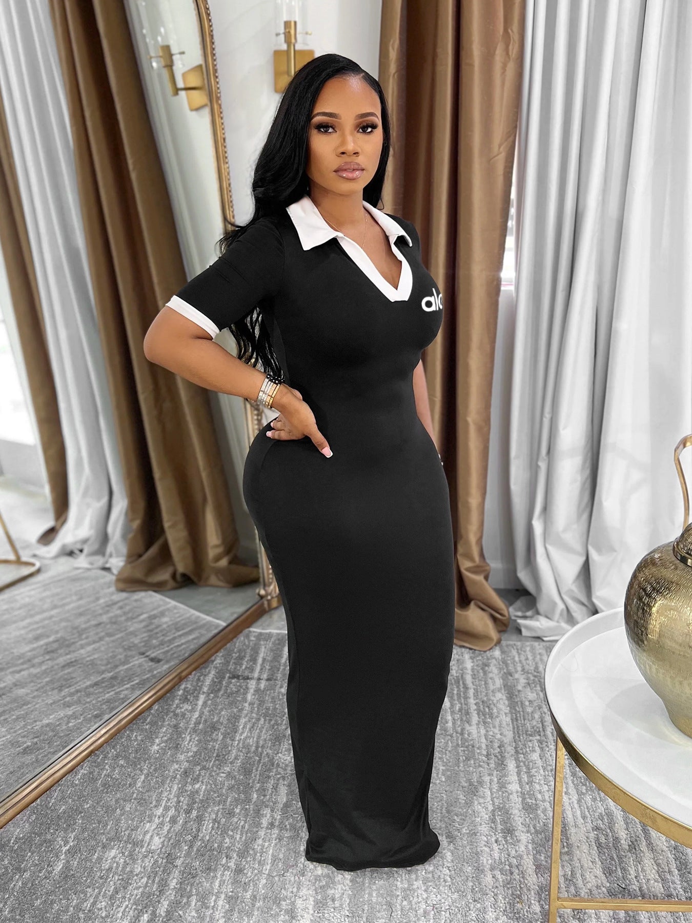 Women Retro Polo Collar Printed Maxi Dress 8