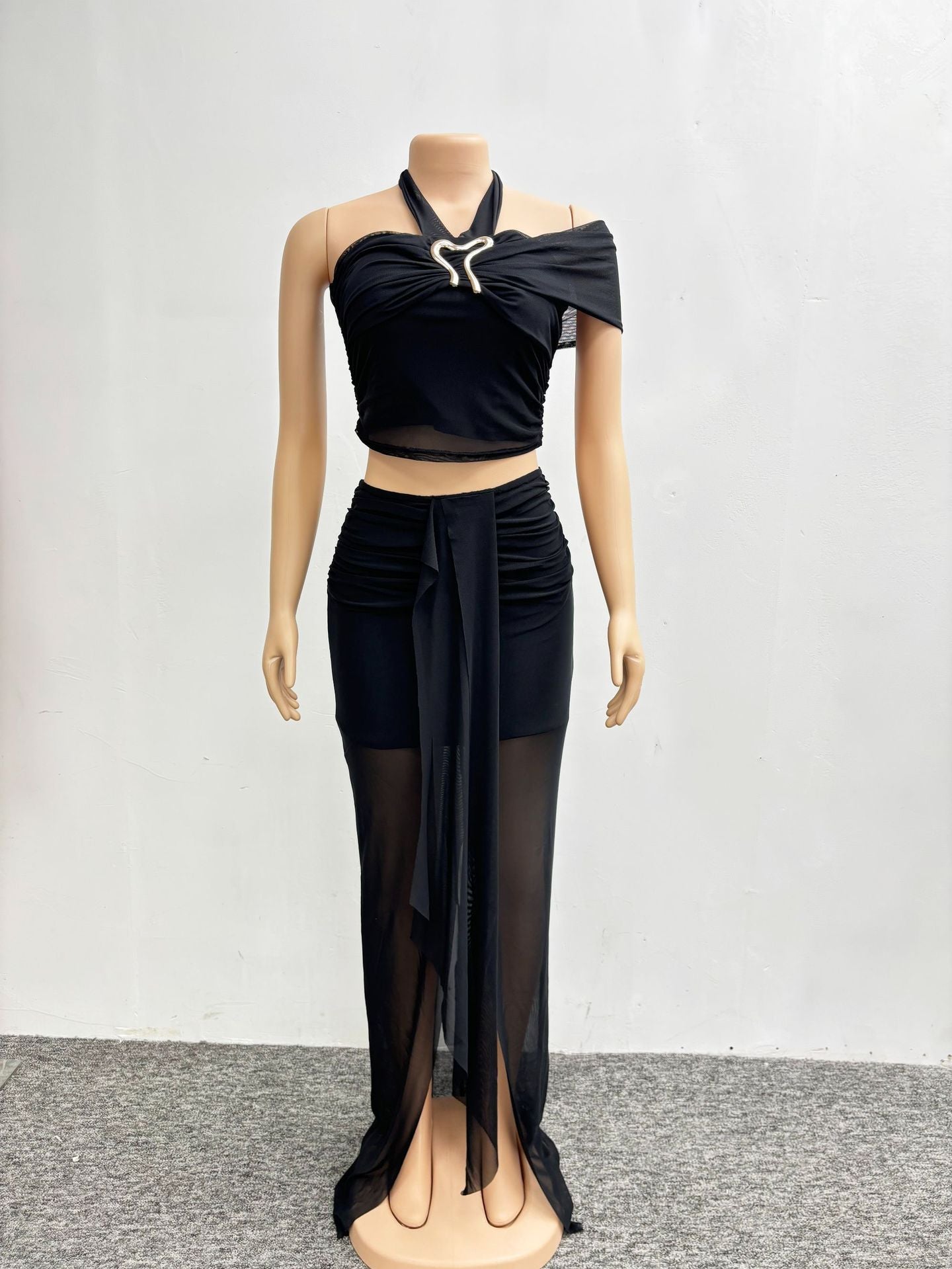 Fashion Women Sexy Halter One Shoulder Strapless Top Slit Skirt Two-Piece Set 10