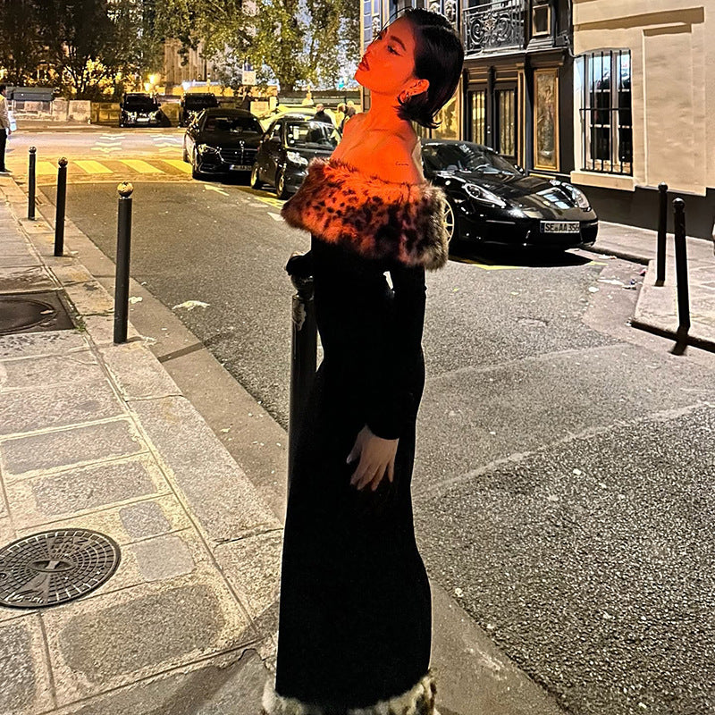 Women's Sexy Leopard Fur Patchwork Off Shoulder Long Dress 4