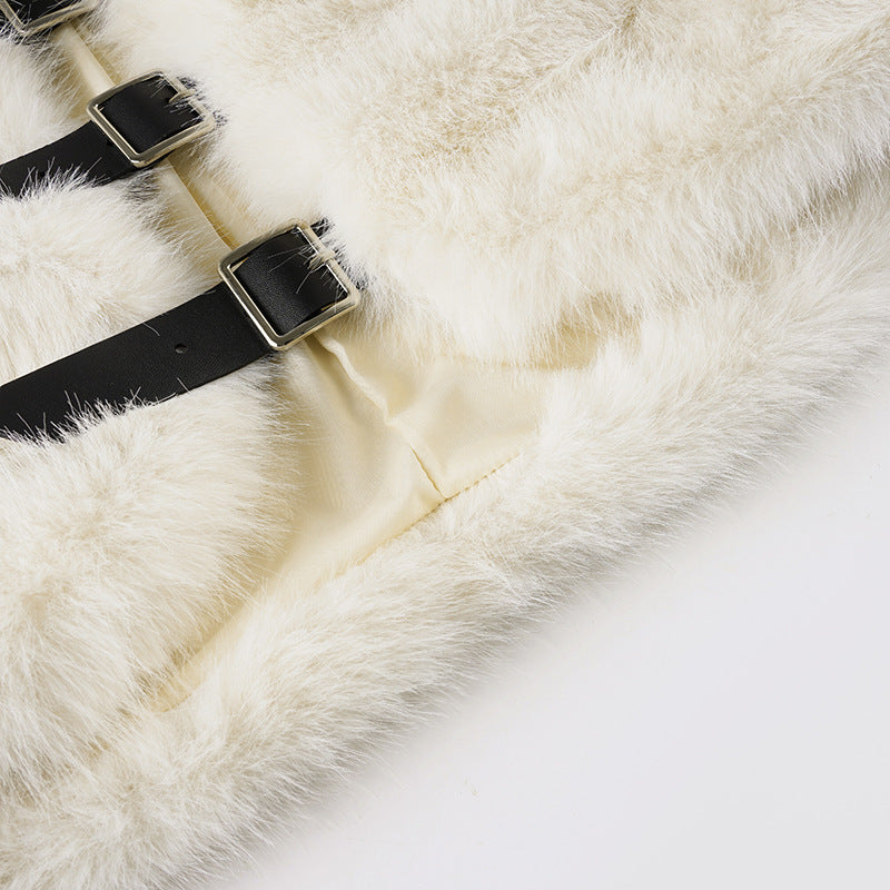 Women fall/winter faux furry metal Pu-Leather buttoned turndown collar top 15