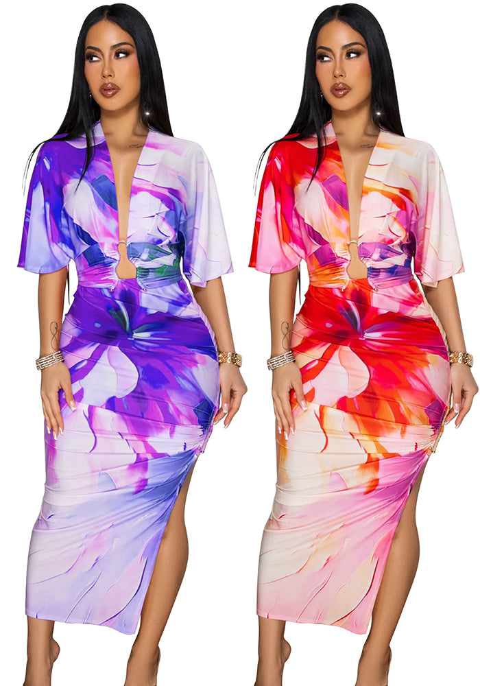 Summer Sexy Printed V Neck Top Side Slit Long Skirt Two Piece Set