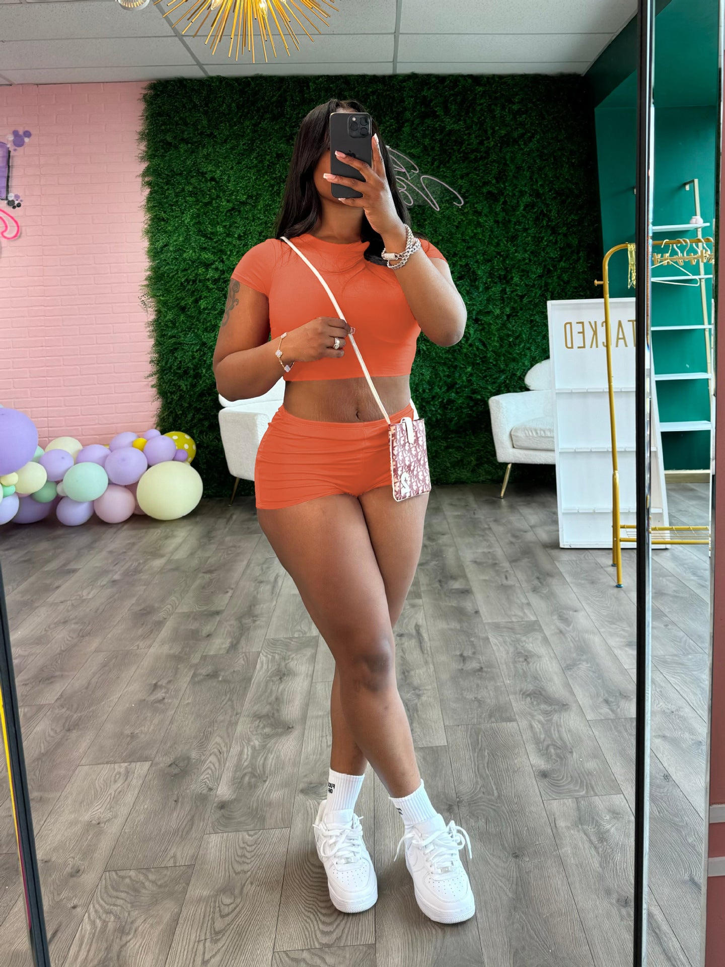 Women Summer Solid Crop Top Shorts Two-Piece Set 5