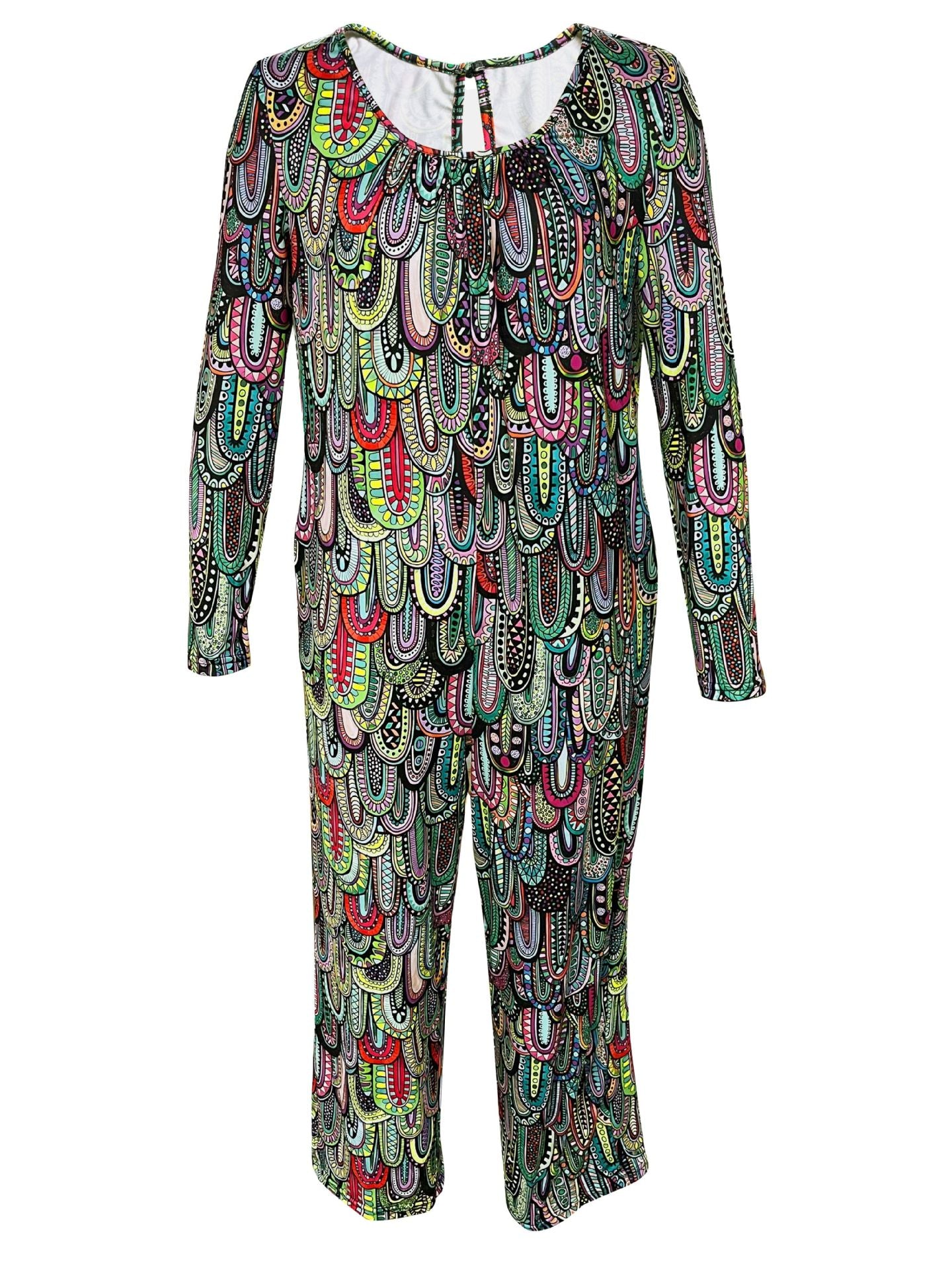 Women Print Casual Round Neck Loose Long Sleeve Jumpsuit 11