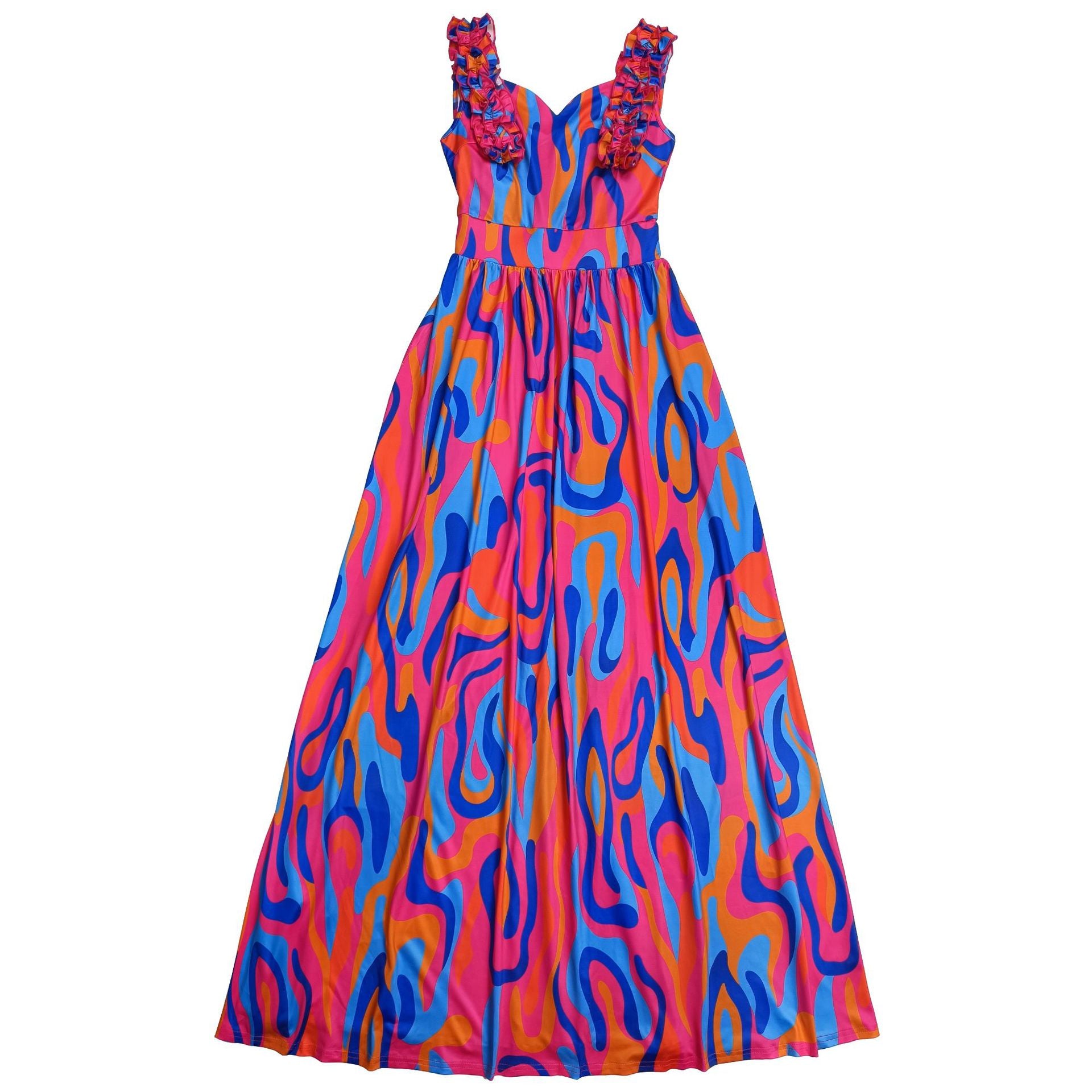 Women elegant ruffled shoulder strap printed dress 11